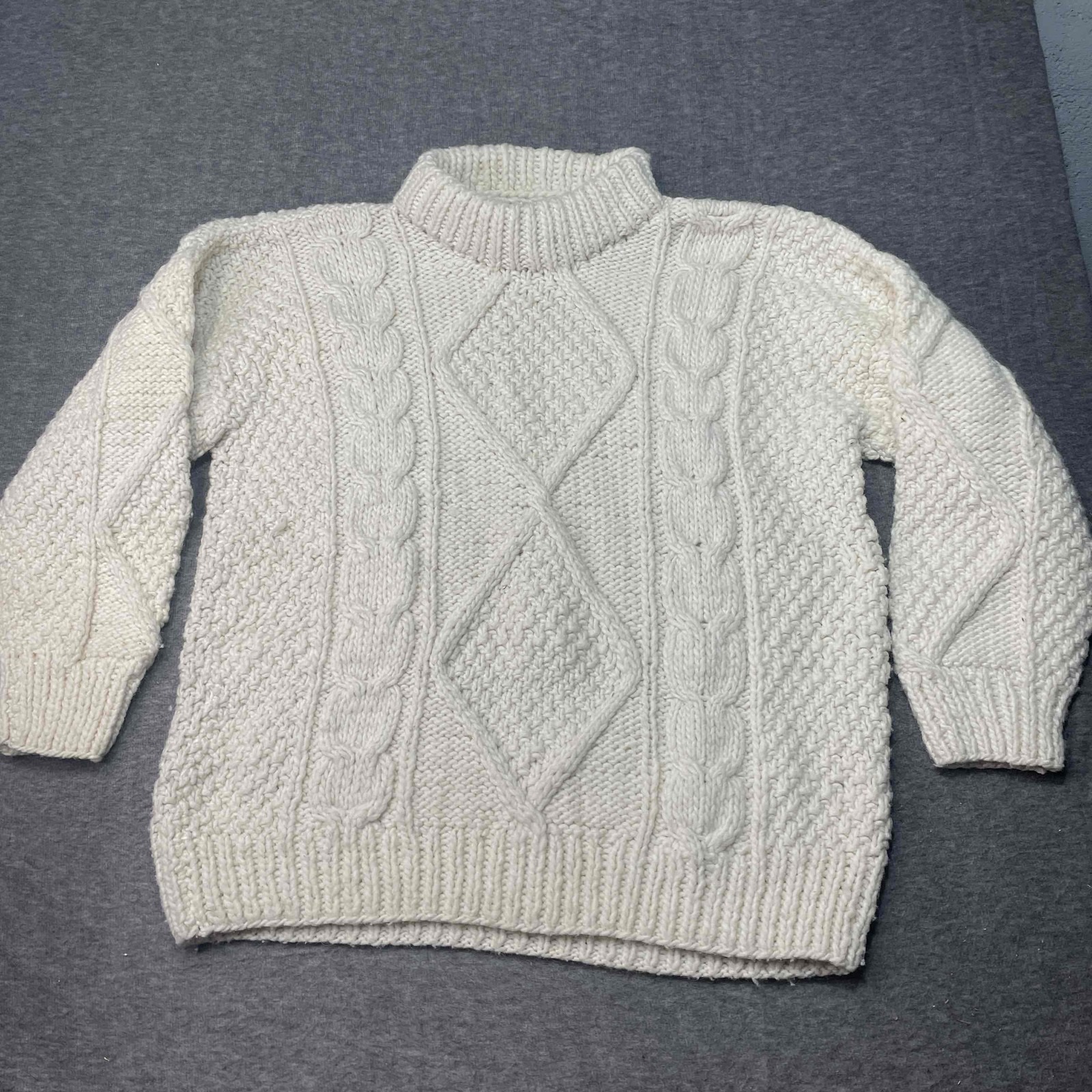 Vintage Gypsy Rose Sweater Women Large Ivory Chunky Ecuador Hand Knit Warm